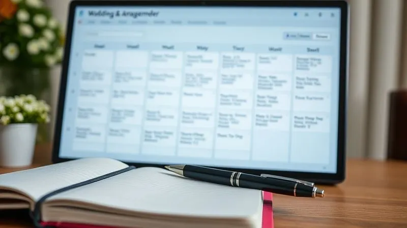 A well-organized digital calendar or project management interface showing key dates for bridesmaid dress orders, measurements, fittings, and final pick-ups. The screen is clear and modern, with a wedding planning notebook and pen in the foreground. Photorealistic, professional photography, 8K, cinematic lighting, sharp focus on the screen, depth of field blurring the background, shot on a high-end DSLR.