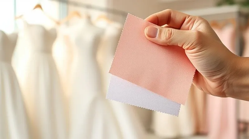 A close-up of a hand holding two fabric swatches of similar color but slightly different dye lots, illuminated by soft natural light, creating a subtle contrast. The background is a blurred bridal shop setting. Photorealistic, professional photography, 8K, cinematic lighting, sharp focus on the swatches, depth of field blurring the background, shot on a high-end DSLR.
