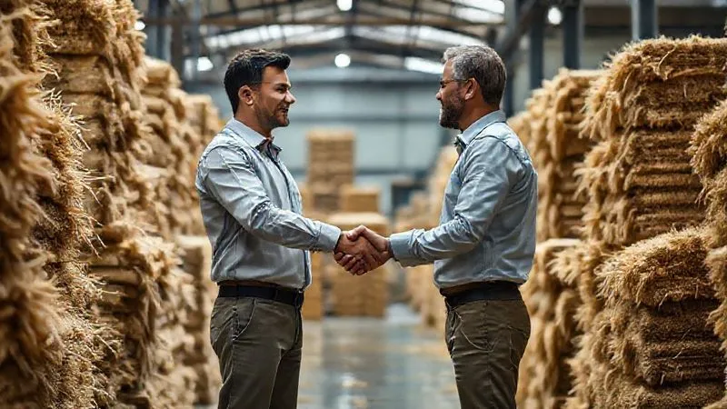 A photorealistic image of a professional shaking hands with a factory manager amidst neatly stacked bales of textile waste, symbolizing a strategic partnership for sustainable sourcing, 8K, cinematic lighting, sharp focus, depth of field, shot on a high-end DSLR.
