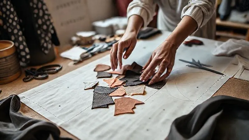 A photorealistic, professional photography, 8K, cinematic lighting, sharp focus, depth of field, shot on a high-end DSLR, of a fashion designer's hands arranging modular fabric pieces on a pattern, demonstrating a zero-waste design approach in an upcycled fashion studio, with clear, organized tools and materials.