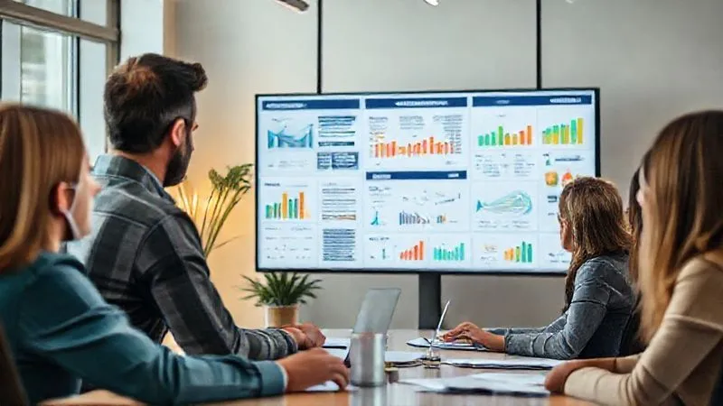 A photorealistic, professional photography, 8K, cinematic lighting, sharp focus, depth of field, shot on a high-end DSLR, of a diverse team reviewing data on a large screen, with charts and graphs showing material flow and waste reduction, in a modern, eco-friendly office setting, symbolizing continuous improvement and circularity audits.