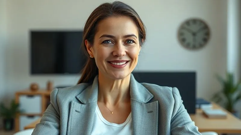 Photorealistic, professional photography, 8K, cinematic lighting, sharp focus, depth of field, shot on a high-end DSLR. A confident woman, mid-30s, smiling subtly on a video call. She is wearing a soft, premium athleisure tee layered under a tailored, light grey blazer. A delicate gold necklace and small stud earrings are visible. Her hair is neatly pulled back. The background is a clean, minimalist home office.