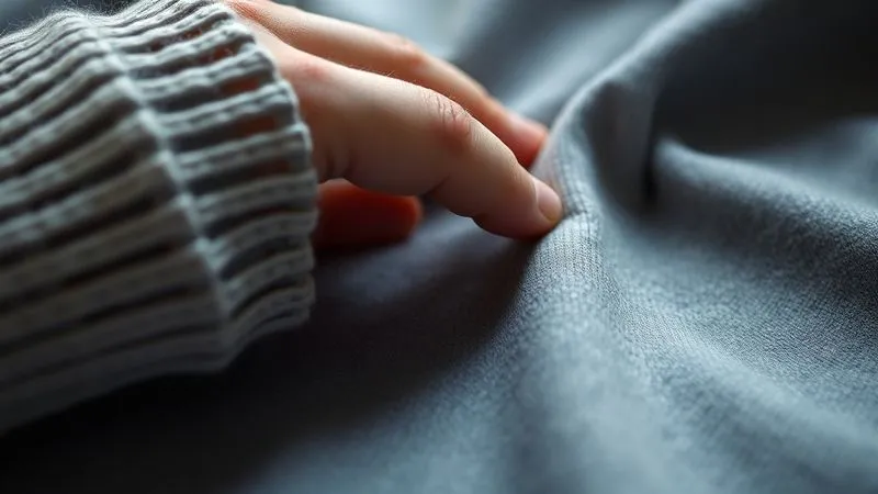 Photorealistic, professional photography, 8K, cinematic lighting, sharp focus, depth of field, shot on a high-end DSLR. A close-up of a hand gently touching a fabric swatch, showcasing the luxurious texture of a fine-gauge merino wool athleisure sweater next to a smooth, premium synthetic performance fabric. The lighting emphasizes the subtle sheen and quality of the materials.