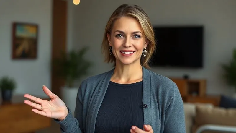 Photorealistic, professional photography, 8K, cinematic lighting, sharp focus, depth of field, shot on a high-end DSLR. A woman, mid-30s, confidently presenting on a video call. She is wearing a chic, monochromatic athleisure outfit in deep charcoal grey, featuring a premium knit top and a structured open-front cardigan. Her expression is focused and engaged.