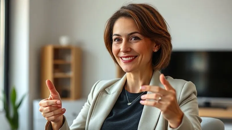 Photorealistic, professional photography, 8K, cinematic lighting, sharp focus, depth of field, shot on a high-end DSLR. A confident woman, mid-30s, actively engaged in a professional video call from a home office. She is smiling, making eye contact with the camera, and gesturing subtly. She wears a premium, dark-colored athleisure top under a structured, light-colored blazer. A delicate necklace and simple earrings are visible. Her hair is neatly styled, and the background is clean and well-lit.