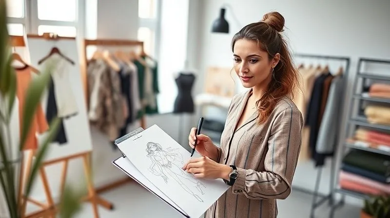 A photorealistic image of a stylish woman confidently sketching fashion designs in a chic, minimalist studio, surrounded by mood boards and fabric swatches, soft natural light, sharp focus on her creative process, depth of field blurring the background, 8K hyper-detailed, professional photography.