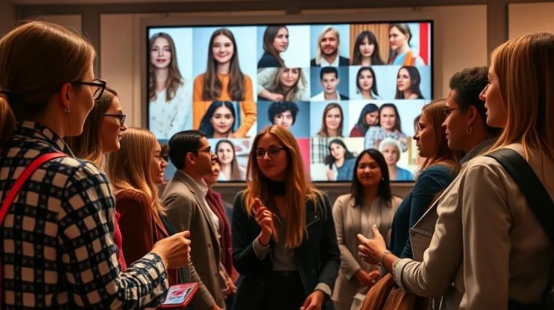 A photorealistic image of a diverse group of fashion enthusiasts actively participating in an online live Q&A session, their faces visible on a large screen, with the expert host engaging directly, surrounded by stylish clothing and accessories, warm cinematic lighting, sharp focus on the interaction, 8K hyper-detailed.