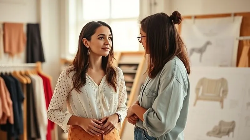 A photorealistic professional photography image of two fashion experts, one a blogger and the other a sustainable designer, engaged in a thoughtful discussion during a collaborative photoshoot in a sunlit atelier, surrounded by fabric swatches and design sketches, cinematic lighting, sharp focus on their interaction, 8K hyper-detailed.