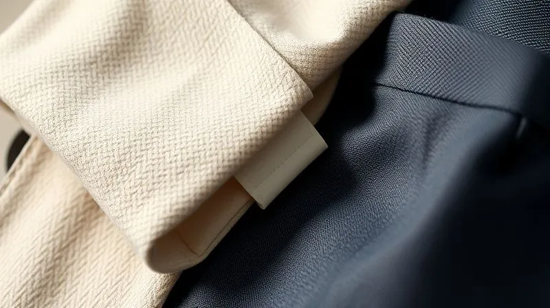A close-up, photorealistic image showcasing the luxurious texture of high-quality fabrics: a cashmere blazer, a fine cotton dress shirt, and wool trousers, meticulously folded or draped. The lighting emphasizes the softness and weave of the materials, with sharp focus on the textures and a shallow depth of field. Professional photography, 8K, cinematic lighting, shot on a high-end DSLR.
