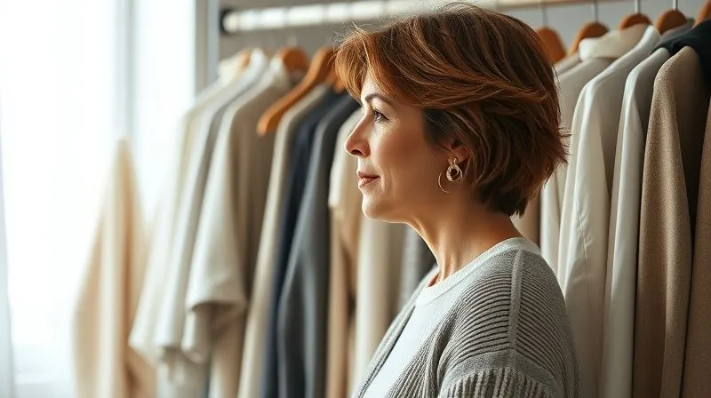 A photorealistic, professional photography, 8K, cinematic lighting, sharp focus, depth of field, shot on a high-end DSLR, of a woman, mid-40s, looking thoughtfully into a perfectly organized, minimalist closet filled with a cohesive capsule wardrobe in neutral tones. The clothes are neatly folded or hung, suggesting ease of mixing and matching. The atmosphere is calm and inspiring.