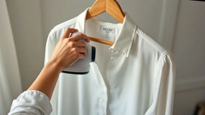 A photorealistic, professional photography, 8K, cinematic lighting, sharp focus, depth of field, shot on a high-end DSLR, of a woman's hands, mid-30s, carefully steaming a perfectly pressed white professional blouse hanging on a wooden hanger. A fabric shaver and lint roller are neatly arranged on a nearby surface. The scene emphasizes care, precision, and the impact of garment maintenance on professional presentation.