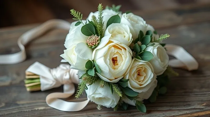 Photorealistic, professional photography, 8K, cinematic lighting, sharp focus, depth of field, shot on a high-end DSLR. A stunning bridal bouquet featuring a sophisticated blend of white peonies, pale green eucalyptus, delicate astilbe, and subtle blush garden roses, tied with a raw silk ribbon, resting on an antique wooden surface.