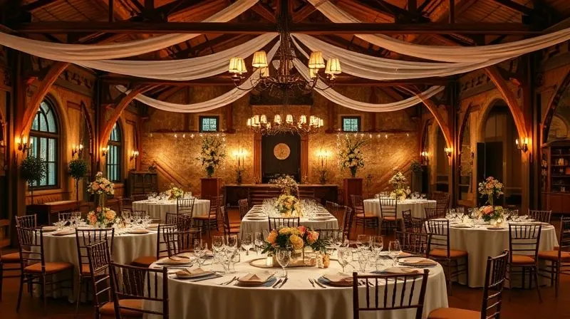 Photorealistic, professional photography, 8K, cinematic lighting, sharp focus, depth of field, shot on a high-end DSLR. A wide shot of a rustic wedding reception space, beautifully decorated with cohesive sophisticated elements, soft, layered lighting, elegant floral arrangements, and refined table settings, creating a harmonious and inviting atmosphere that feels both grand and intimate.