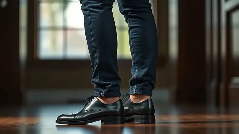 A photorealistic, professional photography shot of a man from the waist down, wearing perfectly tailored dark indigo slim-fit denim, showcasing the ideal length and fit over polished dark leather dress shoes. Cinematic lighting, sharp focus on the denim texture, depth of field blurring the background, 8K hyper-detailed, shot on a high-end DSLR.