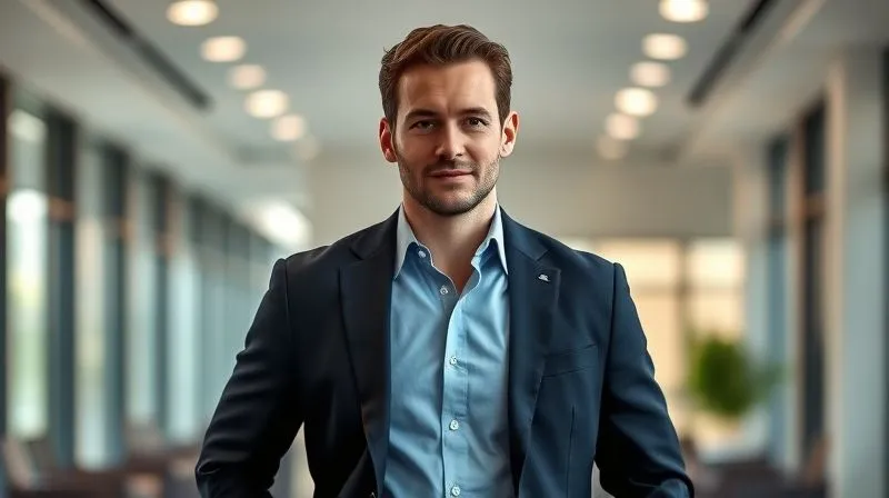 A photorealistic, professional photography shot of a confident man in a modern office setting, wearing a dark navy blazer, a crisp light blue button-down shirt, and impeccably styled dark slim-fit denim. His posture is confident. Cinematic lighting, sharp focus on his attire, depth of field blurring the background, 8K hyper-detailed, shot on a high-end DSLR.