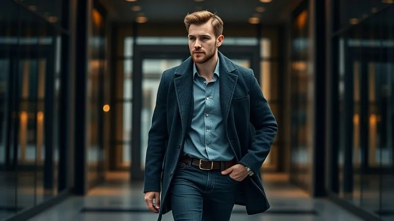 A photorealistic, professional photography shot of a man wearing a dark tailored wool overcoat over a blazer, crisp shirt, and perfectly fitted dark slim-fit denim. He is walking confidently into a modern building entrance. Cinematic lighting, sharp focus on the textures and layers, depth of field blurring the background, 8K hyper-detailed, shot on a high-end DSLR.
