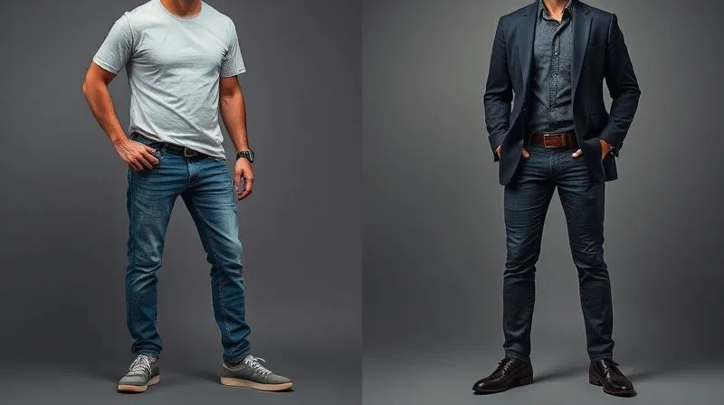 A side-by-side photorealistic, professional photography image contrasting two men. On the left, a man in ill-fitting, faded, slightly ripped slim-fit denim, a wrinkled t-shirt, and worn sneakers, looking disheveled. On the right, a man in perfectly tailored dark slim-fit denim, a crisp button-down, a sharp blazer, and polished leather shoes, looking confident and professional. Cinematic lighting, sharp focus on the attire details, 8K hyper-detailed.