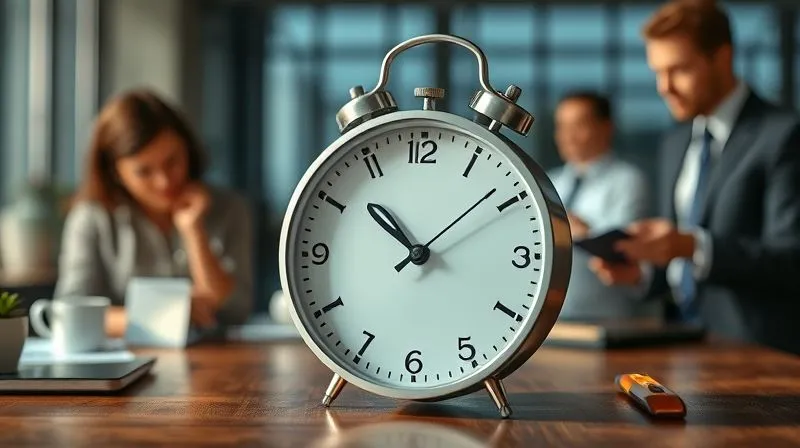 A photorealistic image of a sleek, minimalist analog clock with blurred hands, set against a backdrop of a busy professional's morning routine, emphasizing the preciousness of time. Cinematic lighting, sharp focus on the clock, depth of field. 8K hyper-detailed, professional photography.