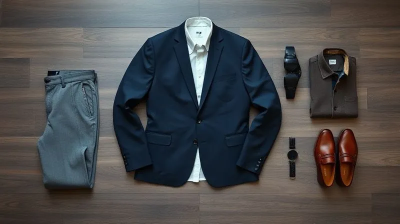 A photorealistic flat lay image showing a meticulously organized men's capsule wardrobe. Core pieces like a navy blazer, white dress shirt, grey trousers, and brown loafers are laid out, with arrows showing how they can be combined into multiple distinct professional outfits. Cinematic lighting, sharp focus, vibrant colors, 8K hyper-detailed, professional photography.