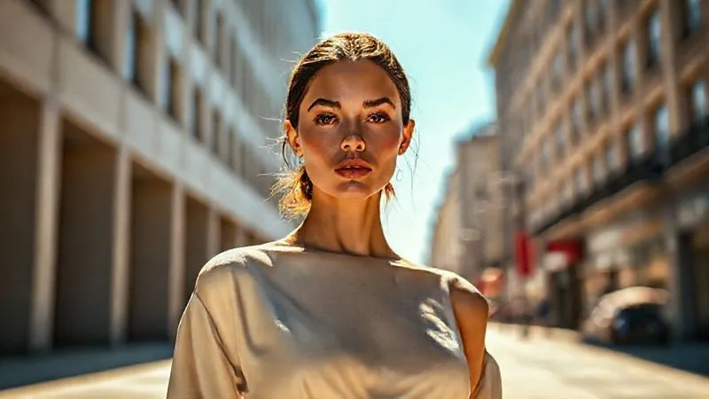 A fashion model standing elegantly in the soft, even light of open shade provided by a large building, her face perfectly lit with gentle shadows, a vibrant sunlit street visible in the blurred background, photorealistic, professional photography, 8K, cinematic lighting, sharp focus on the model, depth of field, shot on a high-end DSLR.