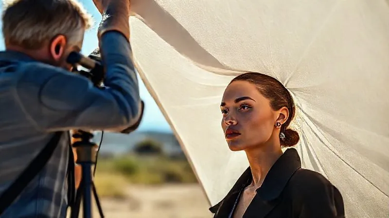 A professional photography team on location, an assistant holding a large 6x6ft diffusion panel over a fashion model to soften intense midday sun, the model's face shows perfect, even illumination, photographer visible in the background adjusting camera, photorealistic, professional photography, 8K, cinematic lighting, sharp focus on the diffusion setup, depth of field, shot on a high-end DSLR.