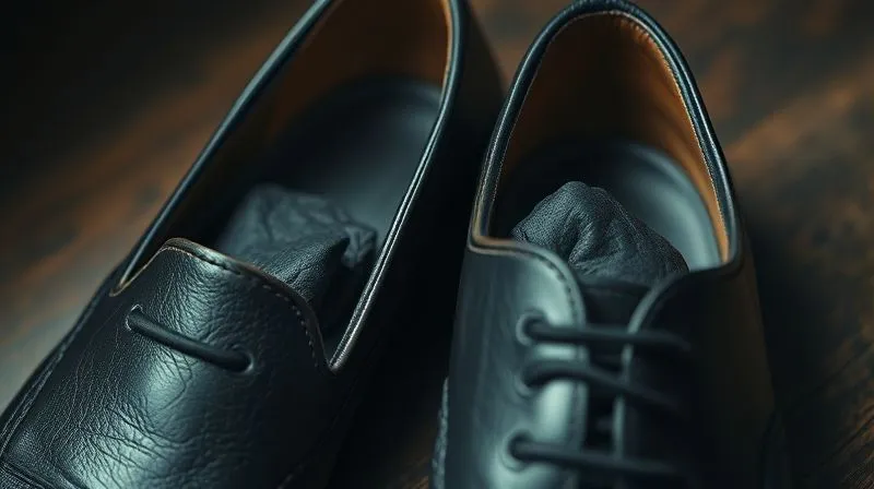 Photorealistic close-up of a pair of men's leather dress shoes with activated charcoal pouches visibly placed inside them, cinematic lighting, sharp focus on the charcoal texture and shoe interior, 8K hyper-detailed.