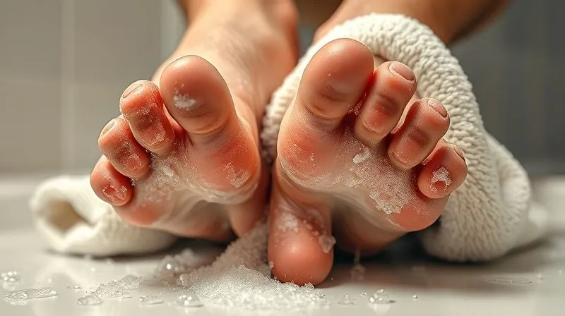Photorealistic close-up of a man's feet being thoroughly dried with a soft towel, focusing on the spaces between the toes, warm bathroom lighting, sharp focus, 8K hyper-detailed.