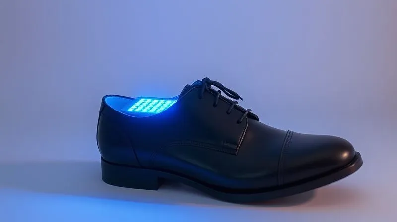 Photorealistic image of a sleek, modern UV shoe sanitizer device placed inside a men's leather dress shoe, emitting a soft, ethereal blue light, professional studio photography, 8K, cinematic lighting, sharp focus, depth of field.