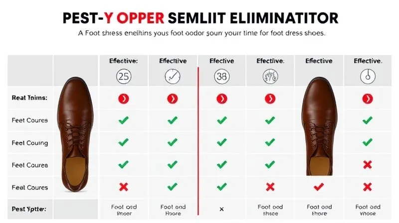 A highly detailed infographic showing a comparison chart of different foot odor elimination methods for men's dress shoes, with icons representing effectiveness and speed, modern and clean design, 8K, professional and informative.