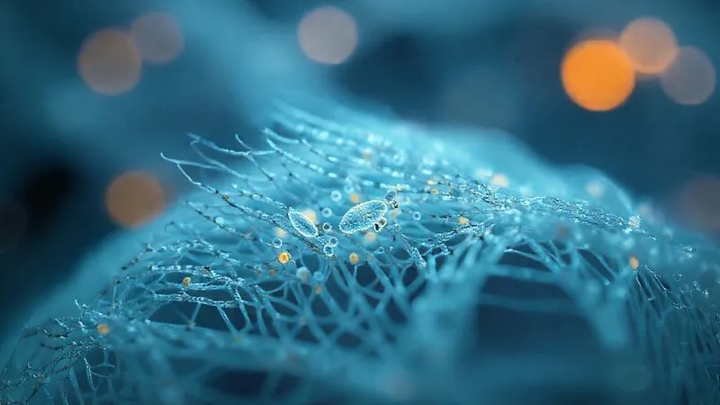 A photorealistic, professional photography shot depicting a microscopic view of synthetic fabric fibers, with tiny, glowing bacteria trapped within the weave. Cinematic lighting highlights the intricate fiber structure, sharp focus, depth of field blurring the background, 8K hyper-detailed.