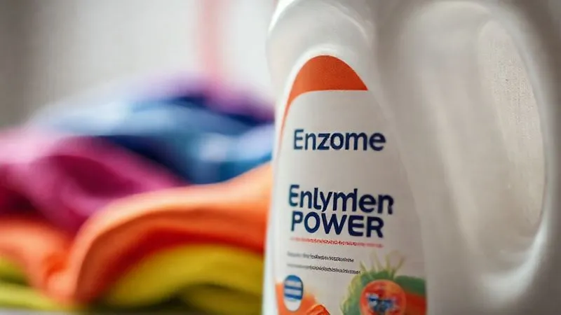 A close-up, photorealistic, professional photography shot of a specialized enzyme laundry detergent bottle, its label clearly visible with 'Enzyme Power' or 'Activewear Formula'. In the softly blurred background, colorful synthetic activewear is visible. Cinematic lighting, sharp focus on the detergent bottle, depth of field, 8K hyper-detailed.