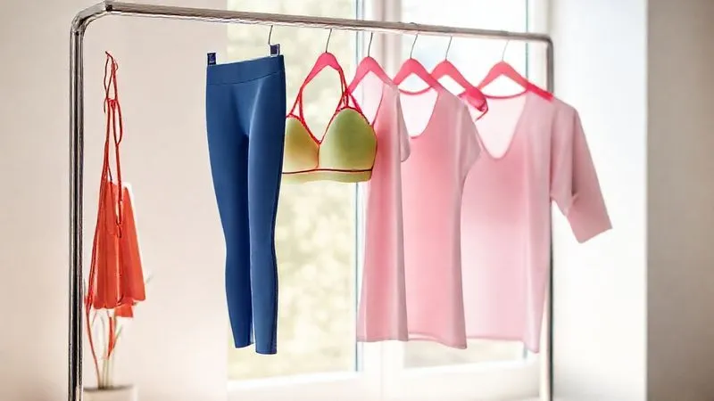 A photorealistic, professional photography shot of colorful synthetic activewear (leggings, sports bra, t-shirt) air-drying on a sleek, modern drying rack in a bright, clean room. Sunlight streams through a window, illuminating the scene. Sharp focus on the clothes, depth of field blurring the background, 8K hyper-detailed.