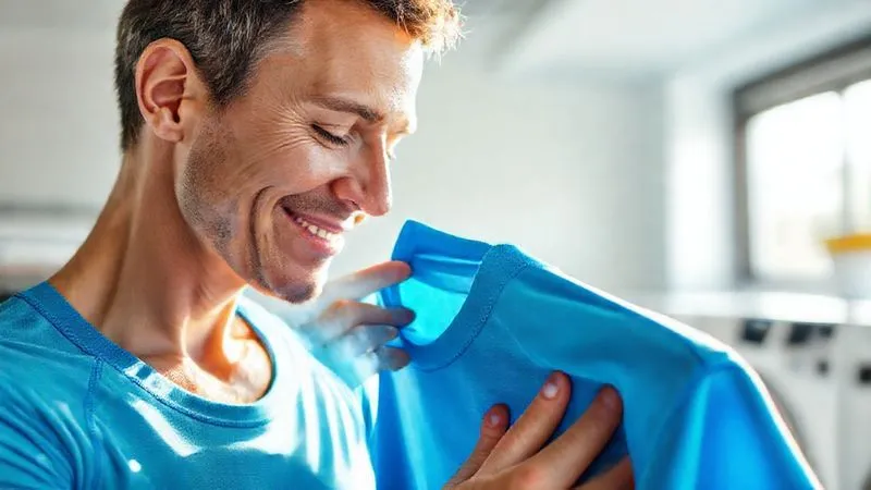 A person gently sniffing a piece of freshly washed, vibrant blue synthetic activewear with a satisfied and pleased expression. Sunlight streams into the background, illuminating a clean, modern laundry room. Photorealistic, professional photography, 8K, cinematic lighting, sharp focus on the person and fabric, depth of field.
