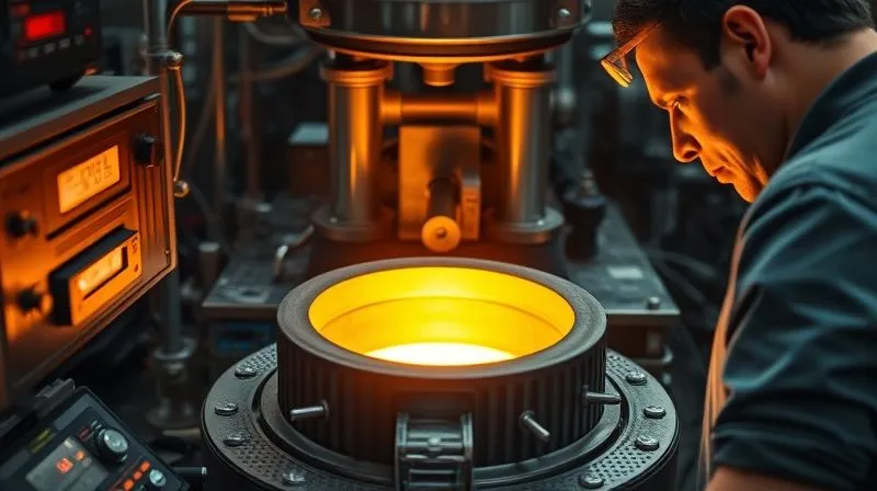 A photorealistic image of a high-tech vacuum induction melting furnace for platinum, glowing molten platinum visible in a crucible, surrounded by precise digital controls and a skilled jeweler observing intently. Cinematic lighting, sharp focus on the crucible, depth of field. Professional photography, 8K hyper-detailed, shot on a high-end DSLR.