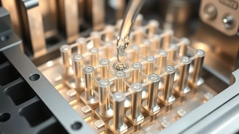 A highly detailed, photorealistic 3D render of a complex sprue and gating system for a platinum jewelry piece, showing translucent molten metal flowing perfectly through runners and risers into the mold cavity. The design emphasizes optimal metal feeding. Cinematic lighting, sharp focus on the intricate structure, depth of field. Professional photography, 8K hyper-detailed, shot on a high-end DSLR.