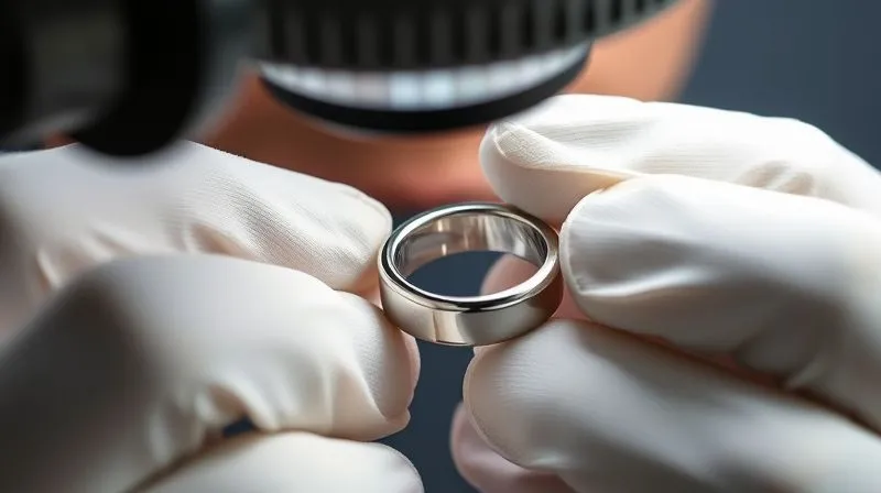 A photorealistic close-up of a jeweler's hands, wearing white gloves, meticulously inspecting a freshly cast, perfectly smooth platinum ring under a high-magnification jeweler's loupe. The platinum surface is flawless, reflecting studio lights. Cinematic lighting, sharp focus on the ring and loupe, depth of field. Professional photography, 8K hyper-detailed, shot on a high-end DSLR.