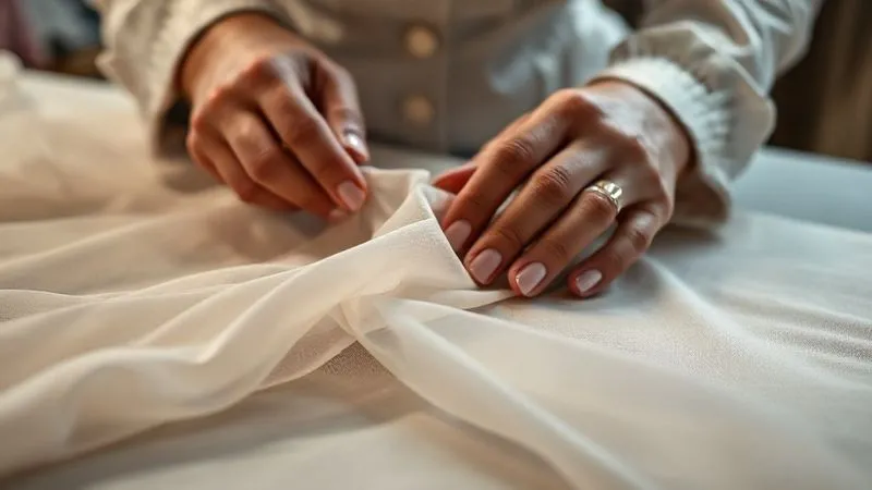 A close-up, photorealistic, professional photography shot of a skilled artisan's hands carefully aligning a delicate, sheer silk organza underlining fabric with a luxurious silk charmeuse main fabric, preparing for hand basting. Cinematic lighting highlights the sheerness of the organza and the soft sheen of the silk, sharp focus on the layers of fabric, depth of field blurring the background of a well-lit couture workbench. 8K hyper-detailed, shot on a high-end DSLR.