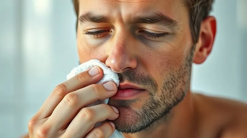 Photorealistic, professional photography, 8K, cinematic lighting, sharp focus, depth of field, shot on a high-end DSLR. A man gently applying a cold, damp cloth to his jawline, followed by a clear, pure aloe vera gel, with a look of relief. Soft, natural light illuminates his face.