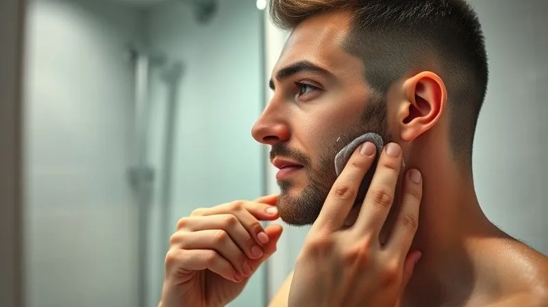 Photorealistic, professional photography, 8K, cinematic lighting, sharp focus, depth of field, shot on a high-end DSLR. A man with a freshly shaved, smooth face, gently patting an alcohol-free aftershave balm onto his jawline, looking at his reflection with satisfaction. The bathroom is minimalist and clean.