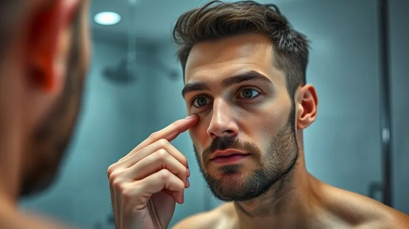 Photorealistic, professional photography, 8K, cinematic lighting, sharp focus, depth of field, shot on a high-end DSLR. A man discreetly applying a tiny dot of green color corrector to a small patch of redness on his jawline using his fingertip, focusing intently in a well-lit mirror. The setting is a modern, minimalist bathroom.