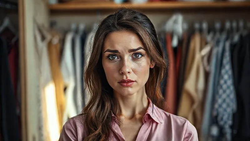 Photorealistic, professional photography, 8K, cinematic lighting, sharp focus, depth of field, shot on a high-end DSLR. A professional woman with a subtle look of frustration, hand on her forehead, standing in front of an open, slightly cluttered closet filled with various clothes, soft morning light illuminating the scene.