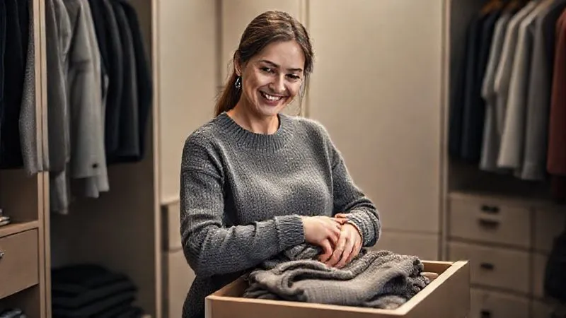 Photorealistic, professional photography, 8K, cinematic lighting, sharp focus, depth of field, shot on a high-end DSLR. A professional woman, smiling gently, carefully folding a high-quality sweater and placing it into an organized drawer in a stylish, minimalist closet. The scene conveys a sense of calm and contentment, with soft, natural light.