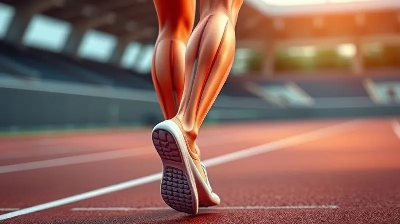 Photorealistic, professional photography, 8K, cinematic lighting, sharp focus, depth of field, shot on a high-end DSLR. A detailed anatomical diagram of leg muscles overlaid with a translucent, supportive activewear fabric, illustrating how the fabric applies gentle, targeted compression to reduce muscle oscillation during running. The background is a blurred, dynamic running track, conveying movement and performance.