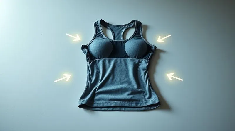 Photorealistic, professional photography, 8K, cinematic lighting, sharp focus, depth of field, shot on a high-end DSLR. A detailed, multi-panel activewear garment (e.g., a running top or leggings) laid flat, with different fabric textures and colors clearly delineating strategic zones for compression, ventilation, and flexibility. Arrows and subtle glowing lines indicate the direction of support and airflow, emphasizing the engineered architecture. The background is a clean, minimalist design studio.