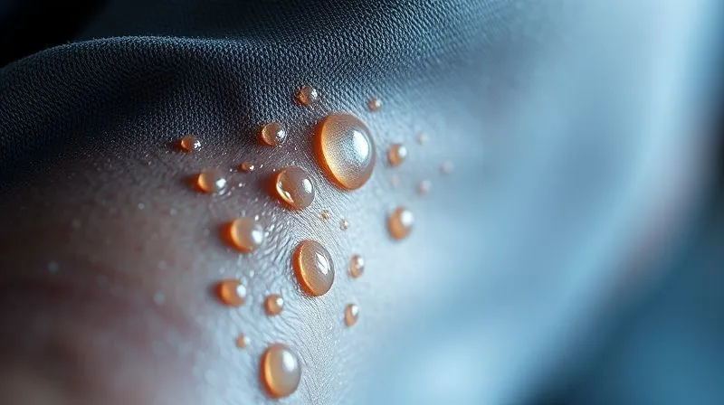 A photorealistic, microscopic view of human skin interacting with activewear fabric, showing subtle friction points, sweat droplets, and the textile fibers. Cinematic lighting, sharp focus, 8K, professional photography, scientific yet aesthetically pleasing.