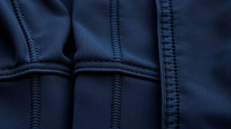 A photorealistic close-up of three different activewear seam types side-by-side: a traditional overlock seam with a noticeable ridge, a perfectly flat flatlock seam, and a smooth, almost invisible bonded seam. All seams are on a high-performance athletic fabric, with sharp focus and cinematic lighting.