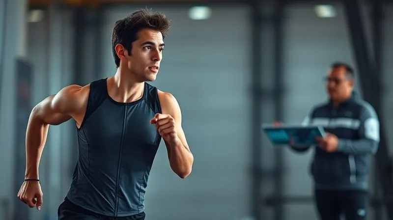 A photorealistic image of an athlete, mid-run, wearing high-performance activewear, with a focused expression. A design engineer is subtly observing, perhaps with a tablet showing biomechanical data overlays, in a well-lit, modern sports science lab setting. Cinematic lighting, sharp focus, 8K, professional photography, showing both athletic effort and scientific analysis.