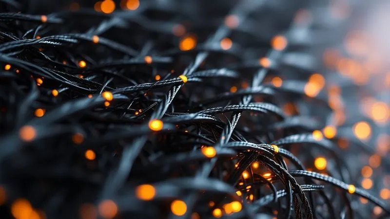 A close-up, photorealistic professional photograph of a futuristic, engineered textile woven with carbon fiber strands and glowing smart filaments, showing intricate details and texture. Cinematic lighting, sharp focus on the weave, depth of field. Shot on a high-end DSLR, 8K hyper-detailed.