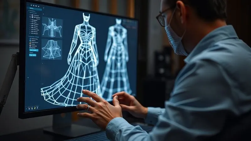 A photorealistic professional photograph of a fashion designer meticulously working on a large-scale 3D digital model of a complex, structural haute couture gown on a high-resolution monitor, with intricate wireframe details visible. Cinematic lighting, sharp focus on the screen and designer's hands, depth of field. Shot on a high-end DSLR, 8K hyper-detailed.