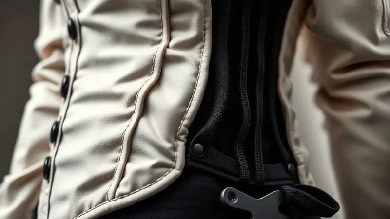 A close-up, photorealistic professional photograph of the internal structure of a haute couture garment, showing intricate, ergonomic padding and articulated joints designed for wearer comfort and movement. Cinematic lighting, sharp focus on the internal engineering, depth of field. Shot on a high-end DSLR, 8K hyper-detailed.